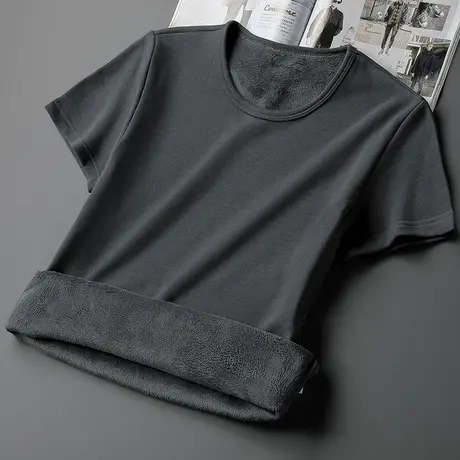 短袖t恤男潮流秋冬季保暖加绒加厚内搭半袖打底衫圆领纯色上衣服商品大图