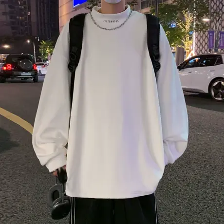 半高领德绒加厚长袖t恤男春秋季重磅内搭打底衫ins潮牌针织上衣服商品大图