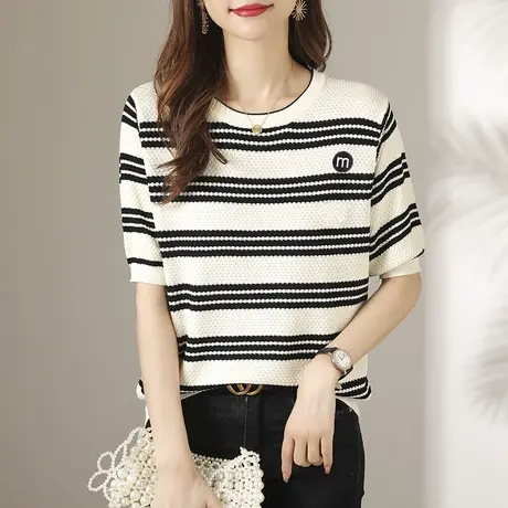 网红爆款条纹刺绣圆领冰丝短袖女夏季2023年宽松针织衫女薄款T恤图片