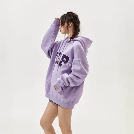 YEP紫罗兰加绒连帽卫衣女刺绣秋冬2023新款潮牌宽松oversize外套商品大图