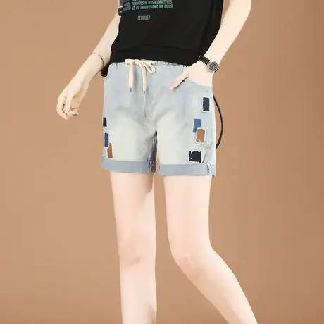 韩潮袭人松紧腰刺绣卷边牛仔短裤女2024夏新款宽松哈伦百搭热裤薄图片