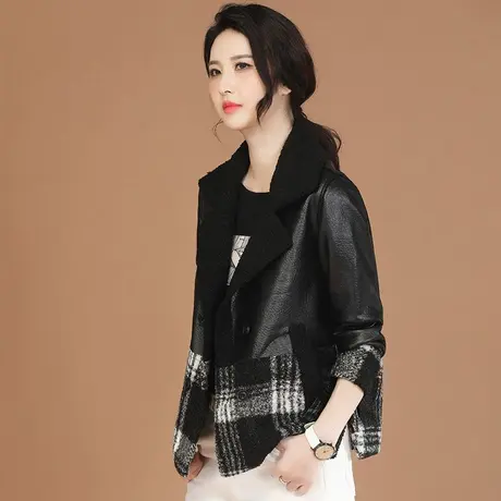 韩潮袭人高级感西装领拼接皮衣外套女2023冬新款时尚百搭加绒夹克图片