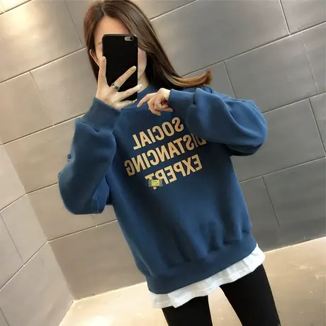 假两件加绒卫衣女加厚冬季韩版圆领套头无帽百搭时尚外套2023新款图片