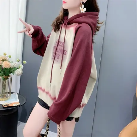 韩版时尚晕染拼色插肩袖连帽卫衣女2023冬季新款加绒加厚超火上衣商品大图