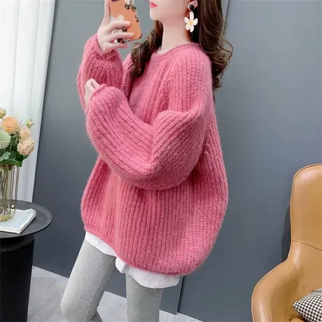 高级感卷边粗毛线圆领毛衣女2023秋冬新款宽松慵懒风显瘦加厚上衣商品大图