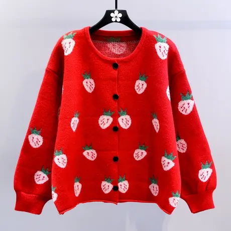 日系甜美草莓红色毛衣外套女秋冬2023新款宽松慵懒风洋气针织开衫商品大图
