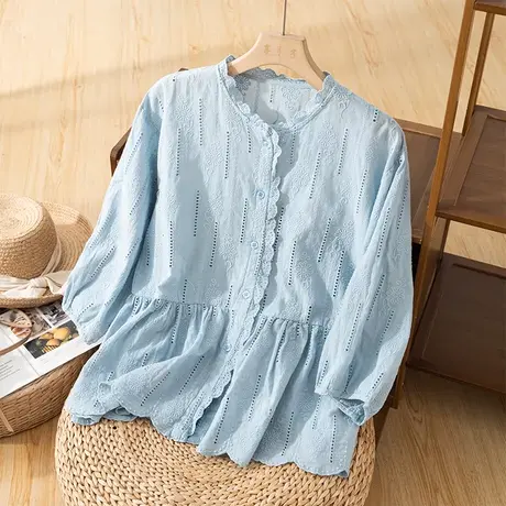 享永子七分袖全棉衬衫木耳边领文艺复古法式上衣百搭2024夏季新款商品大图