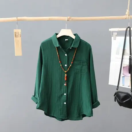 文艺范棉纱纯色白衬衫女春装新款简约百搭棉质长袖衬衣打底衫上衣图片