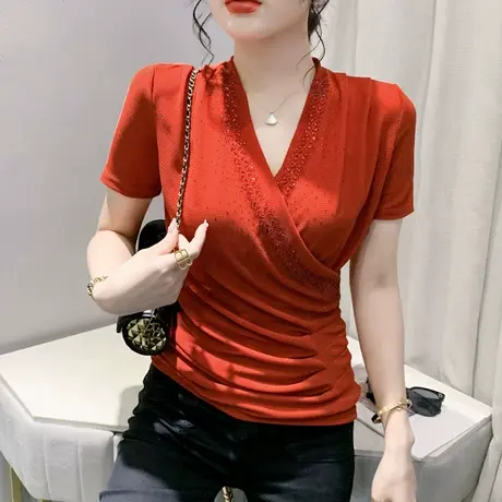 交叉V领短袖上衣女2024新款气质性感网纱小衫修身显瘦烫钻T恤夏装商品大图