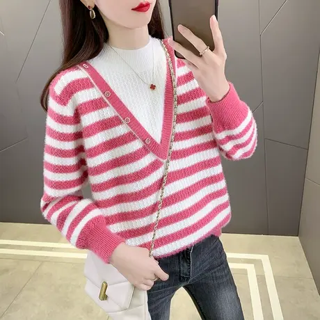 水貂绒半高领毛衣女假两件条纹针织衫2023秋冬新款加厚打底衫上衣商品大图