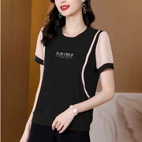 2023新款夏季短袖t恤高端雪纺衫女圆领烫钻上衣大码减龄单件小衫商品大图