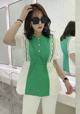 设计感小众荷叶边拼接短袖衬衫t恤女夏季新款韩版收腰显瘦小衫潮商品大图