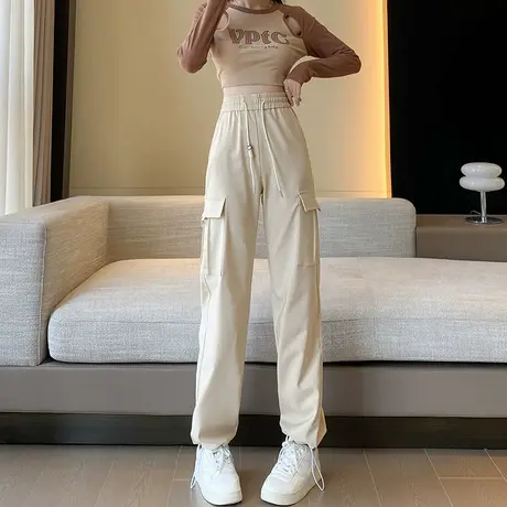 美式复古工装裤女2024新款秋季抽绳高腰显瘦休闲束脚登山运动裤子图片