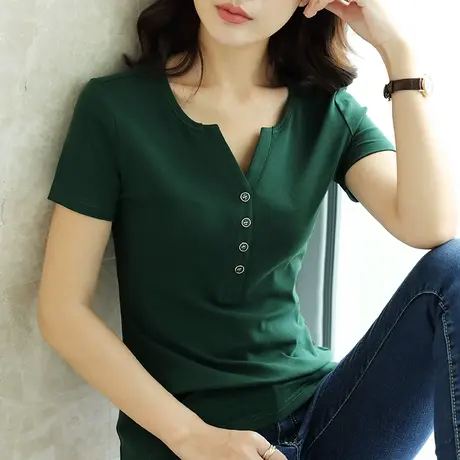 2023夏装新款牛油果绿色短袖V领T恤女衣服内搭打底白色体恤衫上衣商品大图