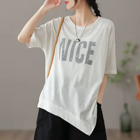 dza复古纯棉短袖t恤女士2022夏季新款漂亮不规则上衣女薄款打底衫商品大图