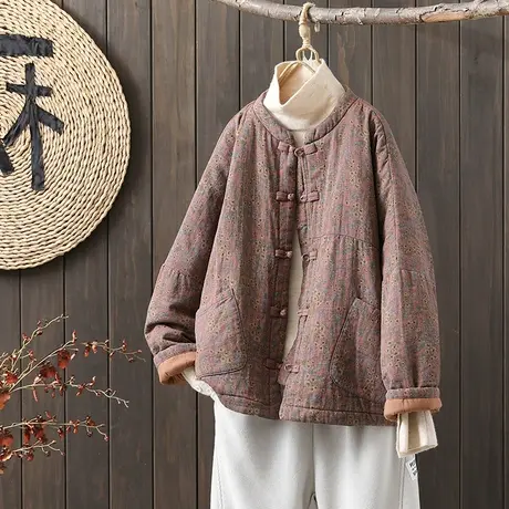 枫谜2022年秋冬新款民族风复古棉麻盘扣印花宽松慵懒风棉衣外套图片