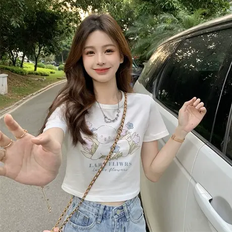 纯欲短袖T恤女夏季2024新款学院风卡通印花修身显瘦短款体恤上衣商品大图