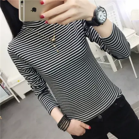 堆堆领打底衫女秋冬半高领T恤时尚黑色条纹紧身洋气内搭长袖上衣商品大图