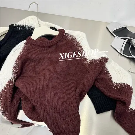 拼色仿马海毛银丝线菱格毛衣女韩版宽松小个子套头针织上衣ins秋图片