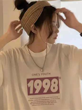 oversize设计感汉堡印花夏季新款仿棉短袖T恤女宽松百搭情侣上衣图片