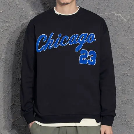 假两件国潮卫衣男圆领春秋款美式复古绣花韩版潮流男外套秋装上衣商品大图