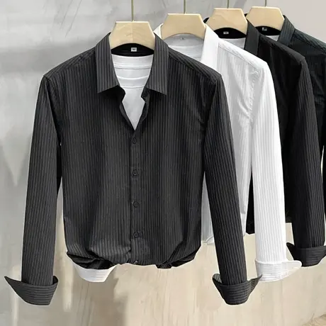 休闲衬衫男士休闲设计感小众日系条纹韩版修身潮流高端衬衣男长袖商品大图