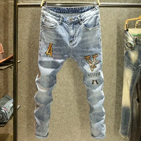 欧洲站2024夏季新款牛仔裤男款修身时尚长裤欧货老鹰刺绣休闲裤子商品大图