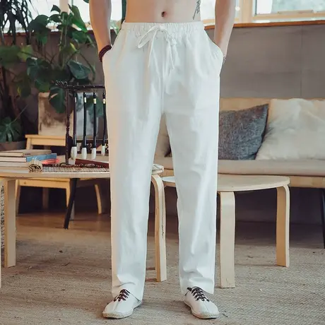 秋季唐装男裤白色棉麻长裤复古宽松休闲裤中式松紧腰禅修服麻裤商品大图