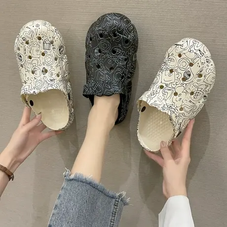 洞洞鞋女夏天ins可爱涂鸦包头软厚底学生休闲居家外穿沙滩凉拖鞋商品大图