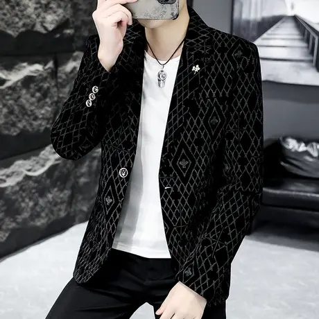 轻奢高端男装外套秋季潮牌韩版休闲小西装痞帅男式灯芯绒格子西服商品大图