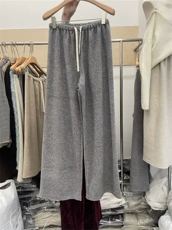 灰色高端加绒加厚垂感休闲长裤女冬季新款抽绳松紧直筒阔腿裤卫裤商品大图