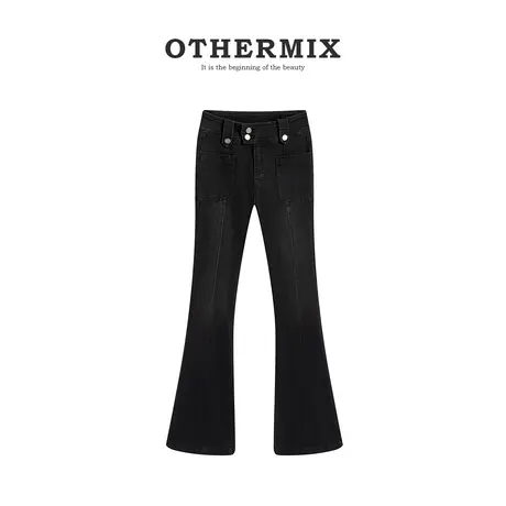 othermix  牛仔喇叭裤女2024春秋新款高腰显瘦阔腿女收腰牛仔裤图片