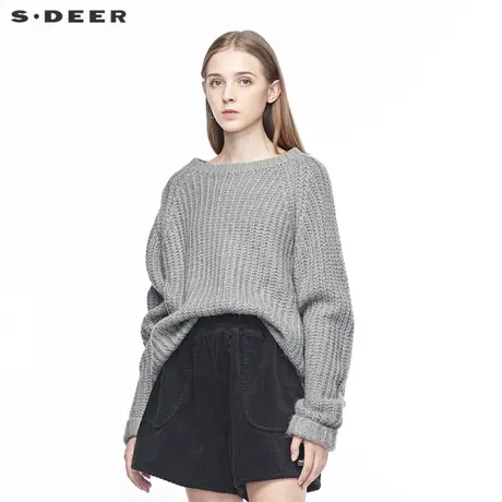 sdeer圣迪奥女装休闲罗纹圆领卷边袖口开衩下摆纯色毛衣S19483501🍩图片