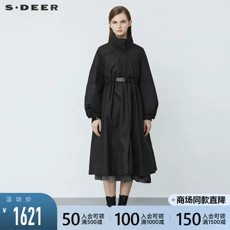 sdeer圣迪奥2021冬新品时尚高领收腰喇叭袖长款羽绒服女S21482420图片