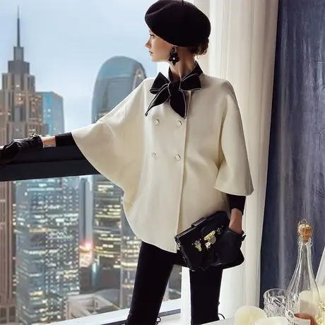 【直播】粉红大布娃娃毛呢短款外套冬季披风双面呢斗篷呢子大衣女图片