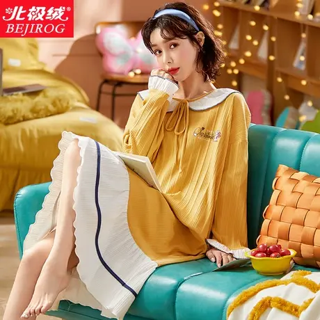 北极绒长袖睡裙日系网红公主领少女2021新款纯棉睡衣大码家居服图片
