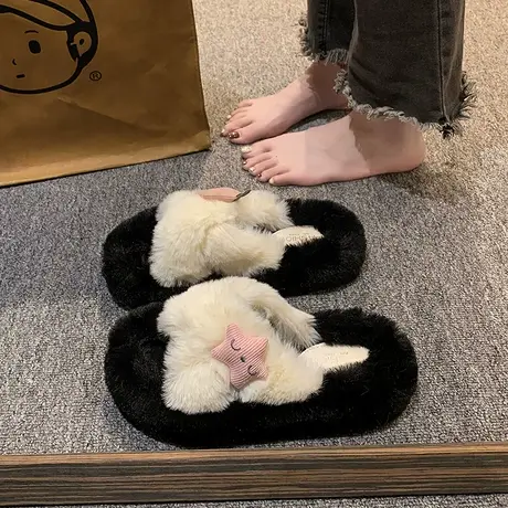 仙女风甜美毛毛拖鞋女外穿2024年秋季新款毛茸茸厚底交叉居家棉拖商品大图