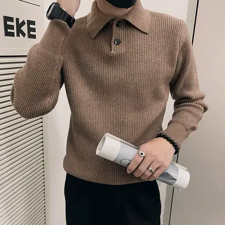 秋冬POLO领毛衣男潮牌纯色休闲针织衫2023新款修身加厚打底毛线衣商品大图