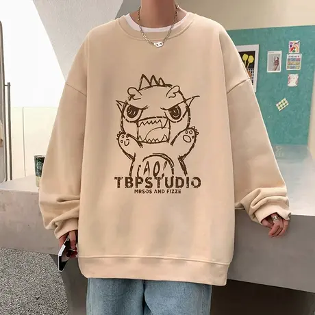 圆领加厚加绒卫衣男春秋季潮牌打底衫2024新款港风宽松套头慵懒风商品大图