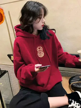 加绒龙年新年红连帽卫衣女士2024秋冬新款爆款洋气上衣本命年外套商品大图
