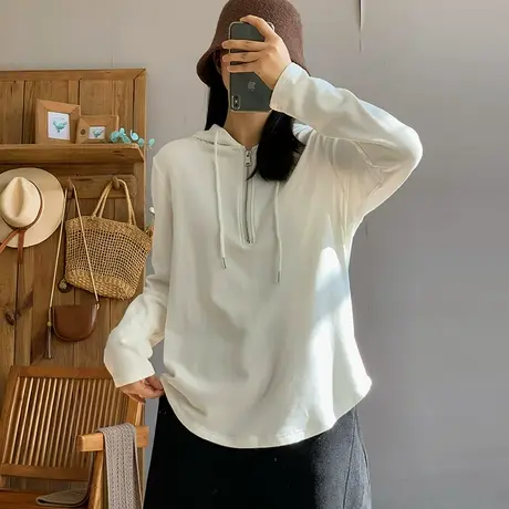 dza 复古纯色拉链连帽白色T恤女春秋内搭打底衫宽松休闲带帽上衣图片