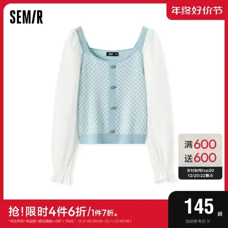 [商场同款]森马长袖衬衫女短款拼接泡泡袖2023秋新款修身方领上衣图片