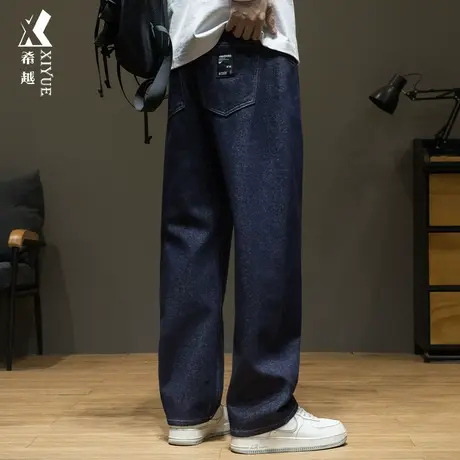 希越水貂绒春季男士美式复古直筒牛仔裤加绒加厚休闲保暖长裤潮流商品大图