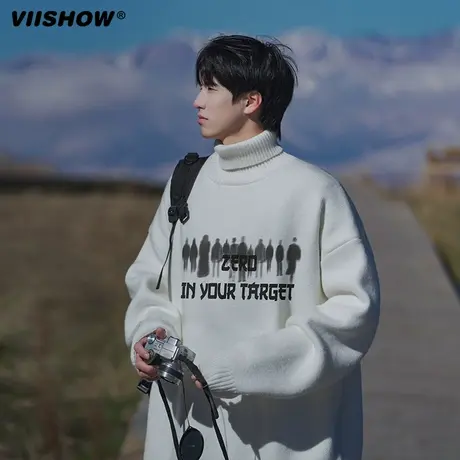 VIISHOW美式复古高领毛衣男士冬季新款加绒加厚保暖男潮牌针织衫商品大图