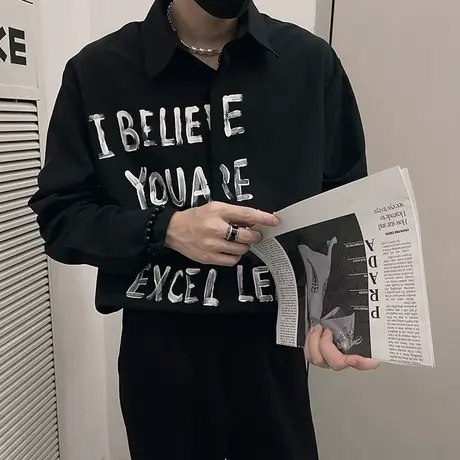 休闲长袖衬衫男韩版宽松潮男发型师春秋季字母印花痞帅上衣外套图片