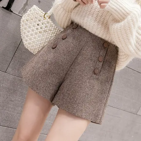 毛呢短裤女秋冬季2023年新款宽松大码排扣高腰打底阔腿裤靴裤外穿图片
