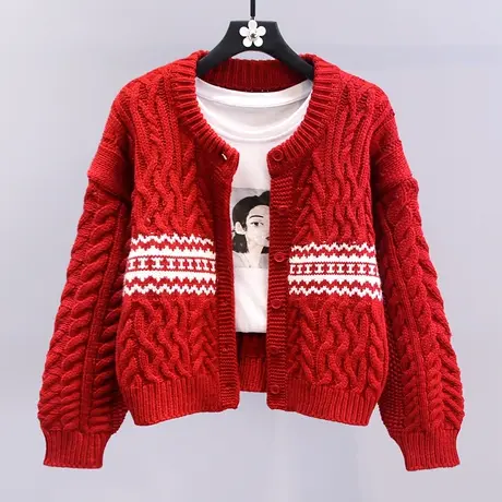 新年复古红色麻花毛衣外套女冬季2024新款宽松加厚短款针织开衫图片
