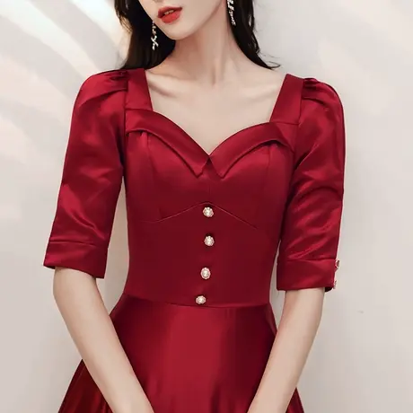 缎面敬酒服新娘2023新款夏季结婚订婚回门礼服女法式长款平时可穿商品大图