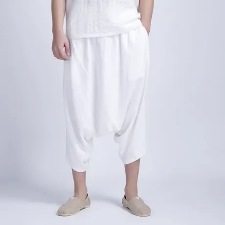 中国风秋宽松九分裤民族风亚麻裤哈伦裤改良汉服吊裆垮裤复古唐装图片