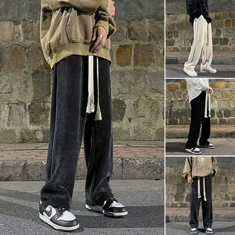 港风复古休闲裤男潮牌ins秋冬季宽松阔腿拖地垂感潮流直筒长裤子商品大图